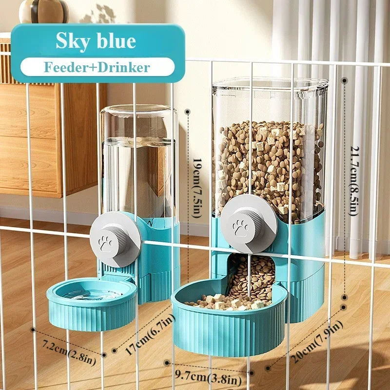 GravityFlow™ hanging cage feeder for dogs, cats, and rabbits, featuring a spill-proof design and automatic waterer.