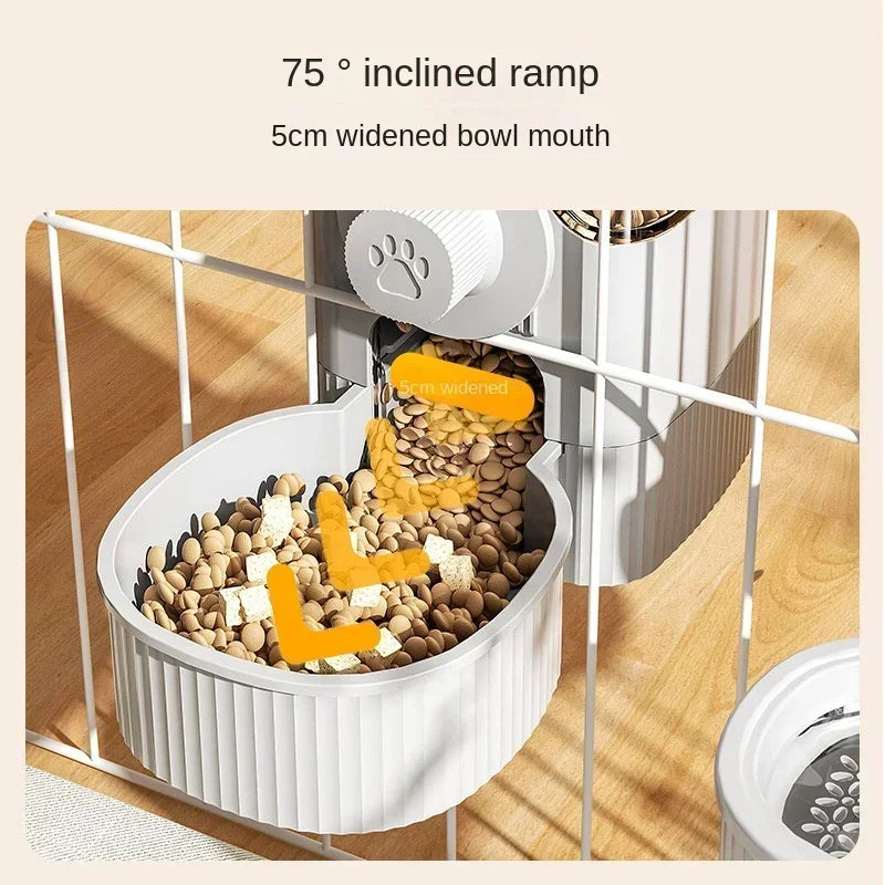 GravityFlow™ Hanging Cage Feeder for dogs, cats, and rabbits; features spill-proof design and space-saving automatic dispenser.