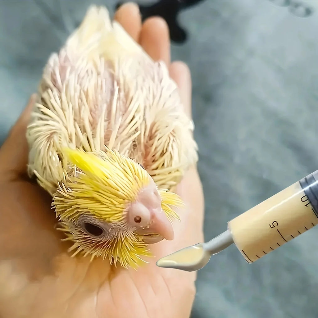 4-piece precision syringe set for hand-rearing baby birds by Petivo, showcasing syringes in various sizes and colors.