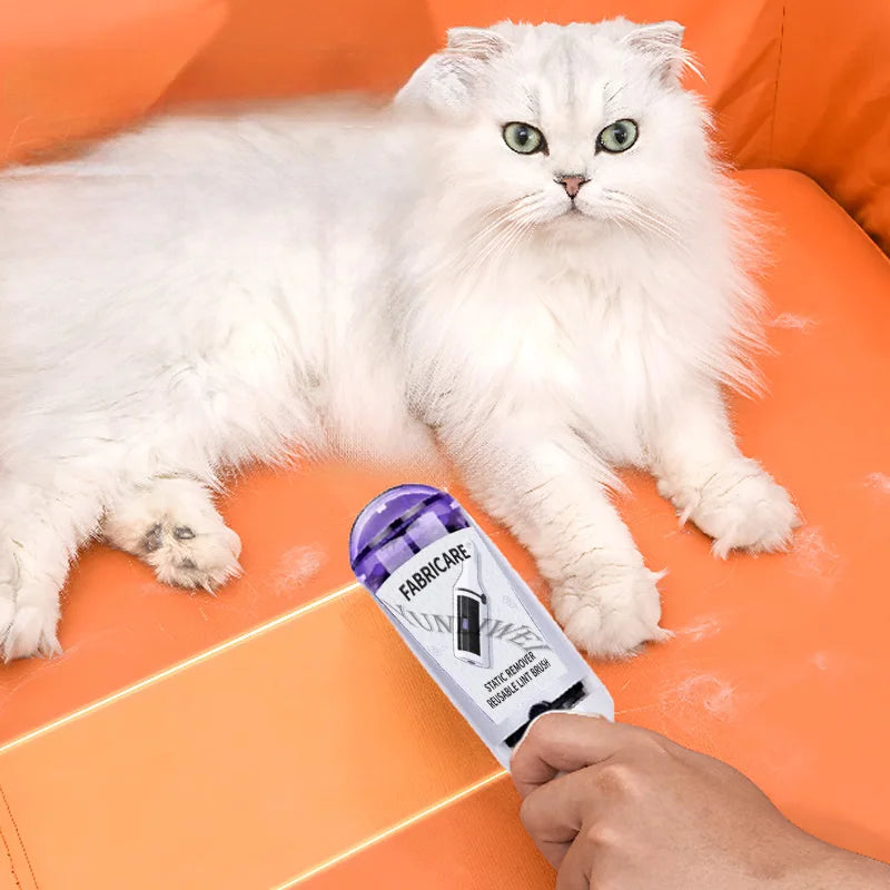 MagnaSpin™ 360° Electrostatic Fur Lifter removing pet hair from clothing and upholstery with a rotating design.