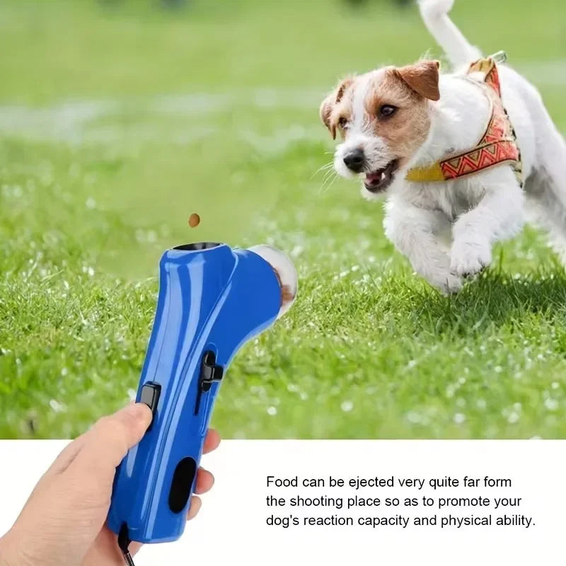 FetchFire™ Portable Treat Shooter in action, lightweight design, spring-loaded mechanism, ideal for hands-free pet training.