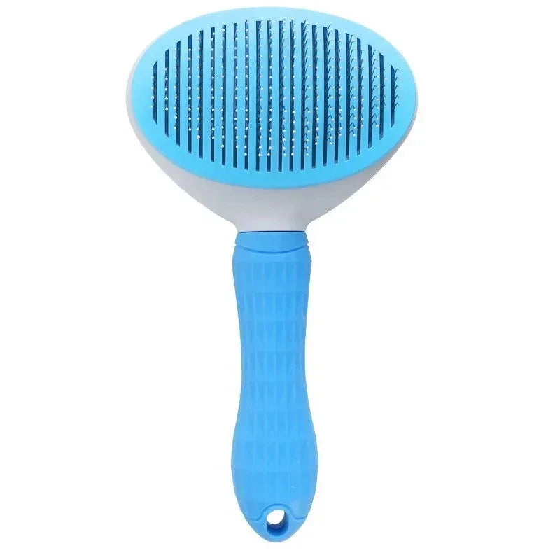 Blue pet grooming brush with ergonomic handle for cats and dogs, isolated on white background.