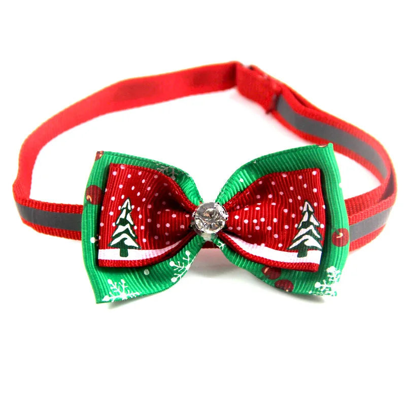 Adjustable Petivo Christmas bow tie collar accessory for dogs and cats, featuring a festive red and green design.