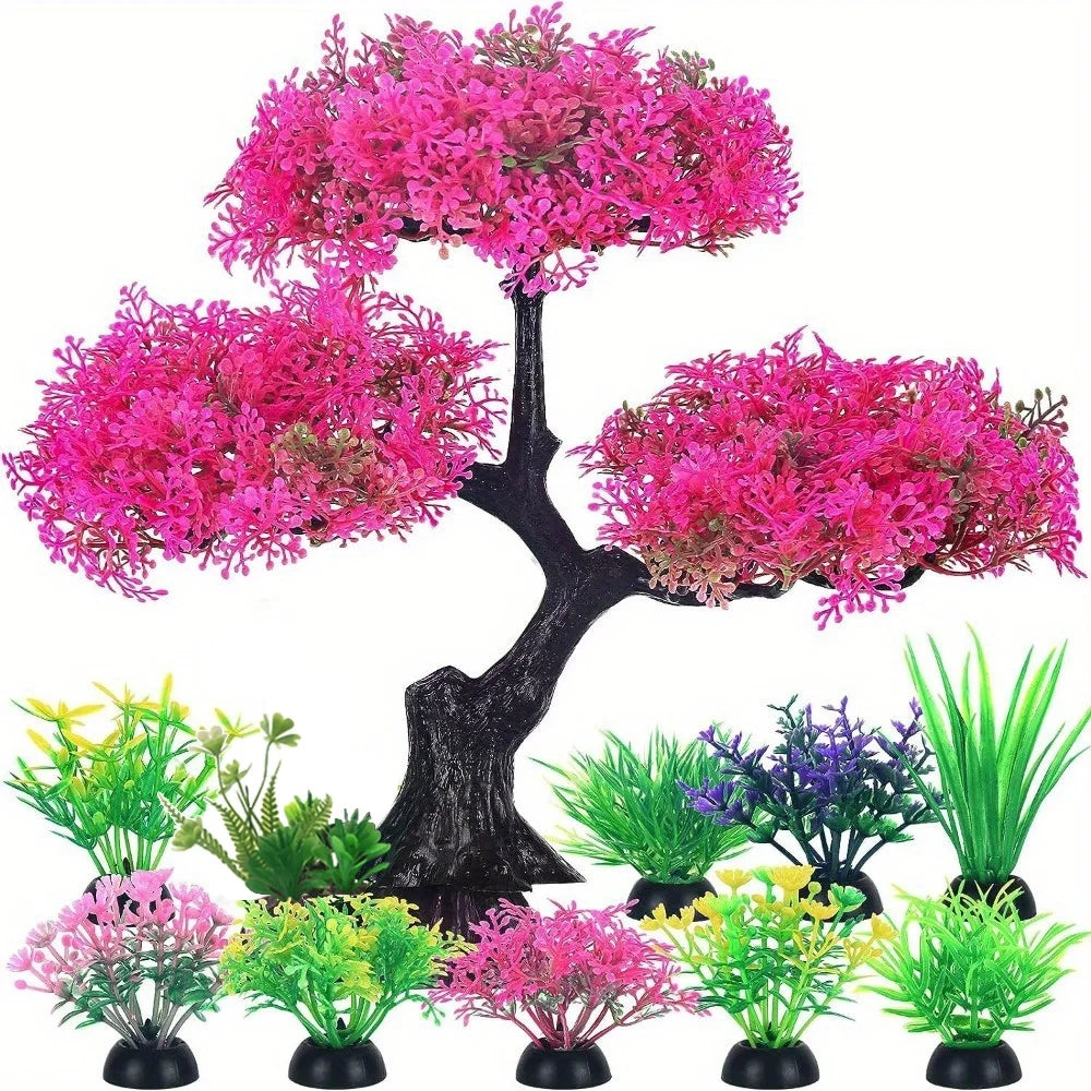10-piece artificial aquarium plant set by Petivo, featuring vibrant, pet-safe decorations for goldfish tanks.