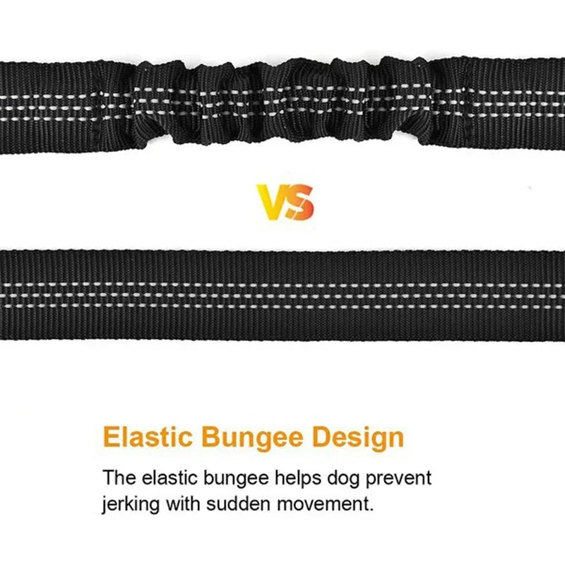 Adjustable SafePaws™ dog car seat belt in reflective elastic, designed for safe travel with pets.