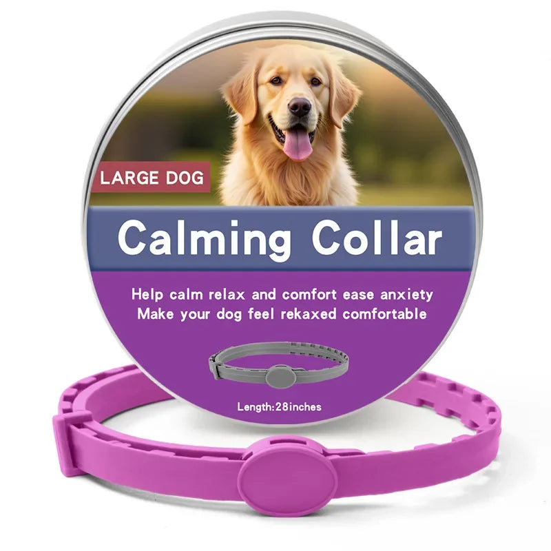 CalmPaws™ adjustable pet calming collar for dogs and cats, designed for anxiety relief and comfort, displayed on a pet.