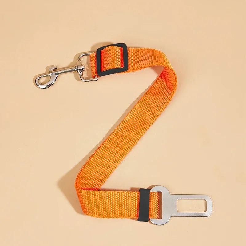 Orange adjustable pet seat belt with metal clip and buckle for dog car safety