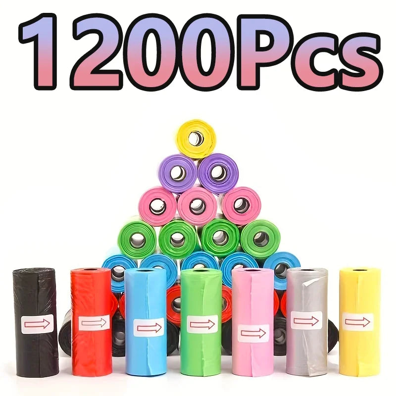 Colorful cartoon dog waste bags in a 1200-piece mega bundle, featuring extra thick and leak-proof design for all breeds.
