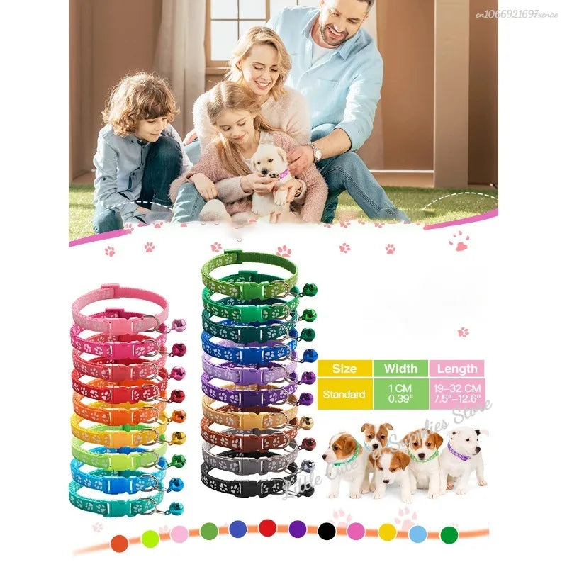 Colorful PawGuard™ pet collar with bell featuring cartoon footprints, adjustable design for dogs and cats.