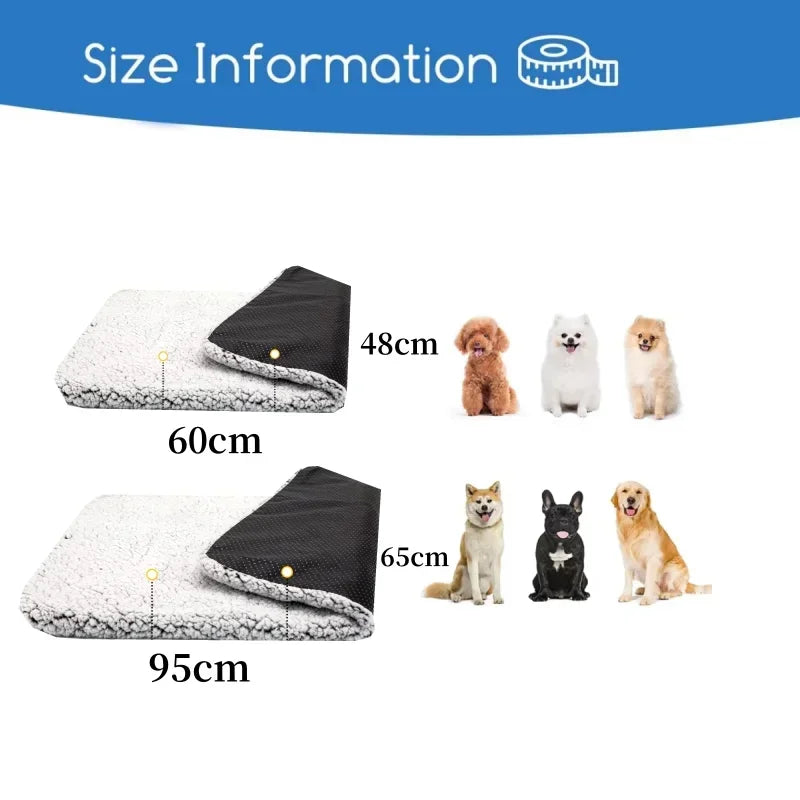 Dog bed size chart with fleece pet mats in two sizes and small to large dog breeds