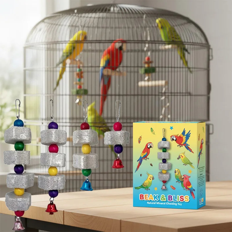 VitaBlock™ Calcium Mineral Grinding Stone for birds, featuring a beak conditioner and playful bell for parakeets and cockatiels.