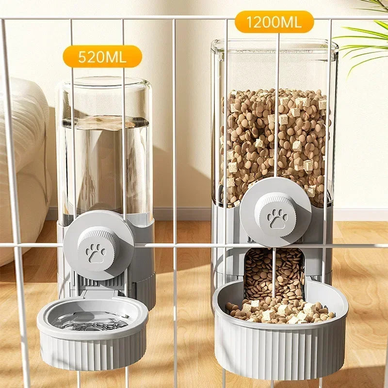 GravityFlow™ hanging cage feeder with spill-proof design for dogs, cats, and rabbits in a crate setting.