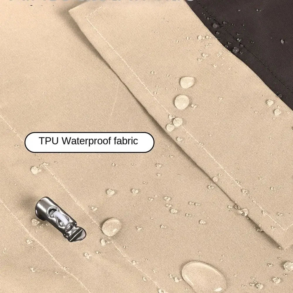 Beige TPU waterproof fabric with water droplets, zipper pull, and stitched seams