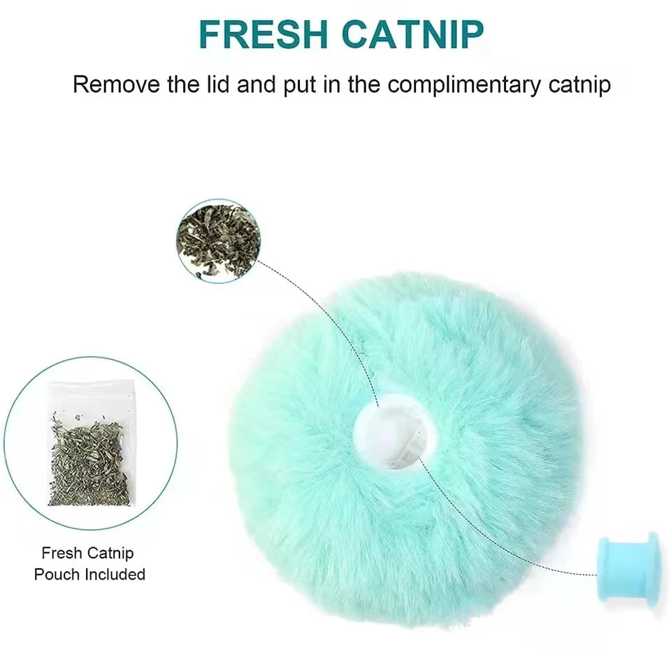 PurrBounce™ Smart Interactive Cat Ball in plush design, featuring a squeak sound and catnip for playful cats.