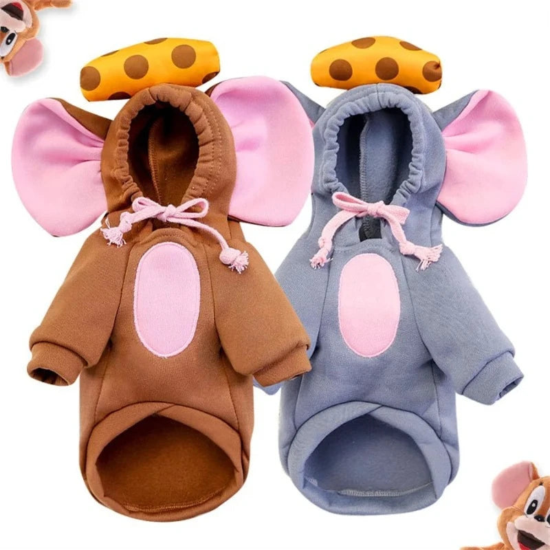 Warm SqueakSnuggle™ mouse costume hoodie for small and medium pets, featuring thickened fabric and cute design.