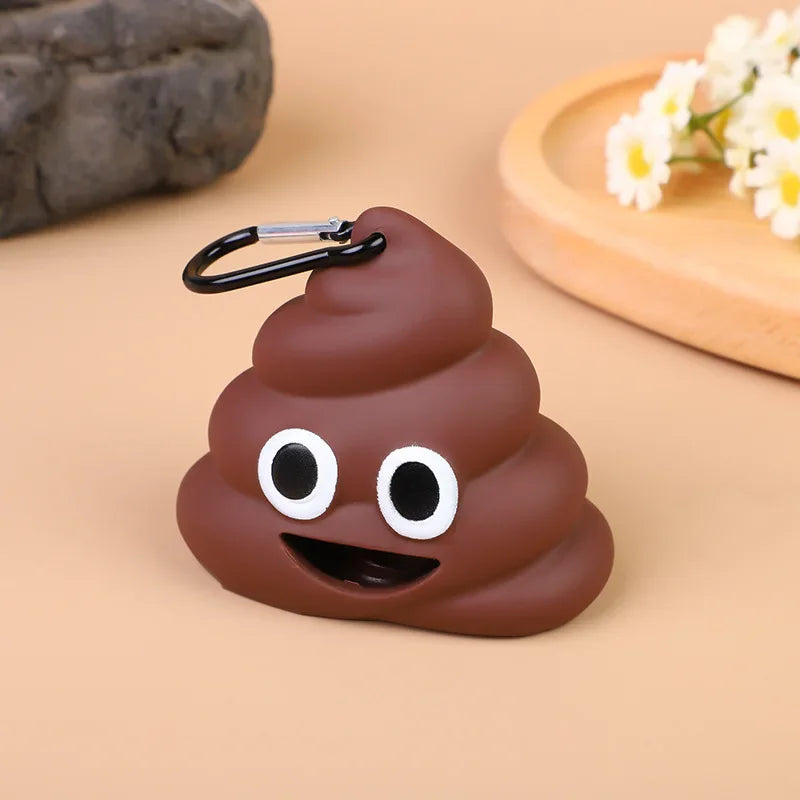 Durable EmojiPaw™ portable waste bag dispenser in a fun design, attached to a dog leash for easy access during walks.