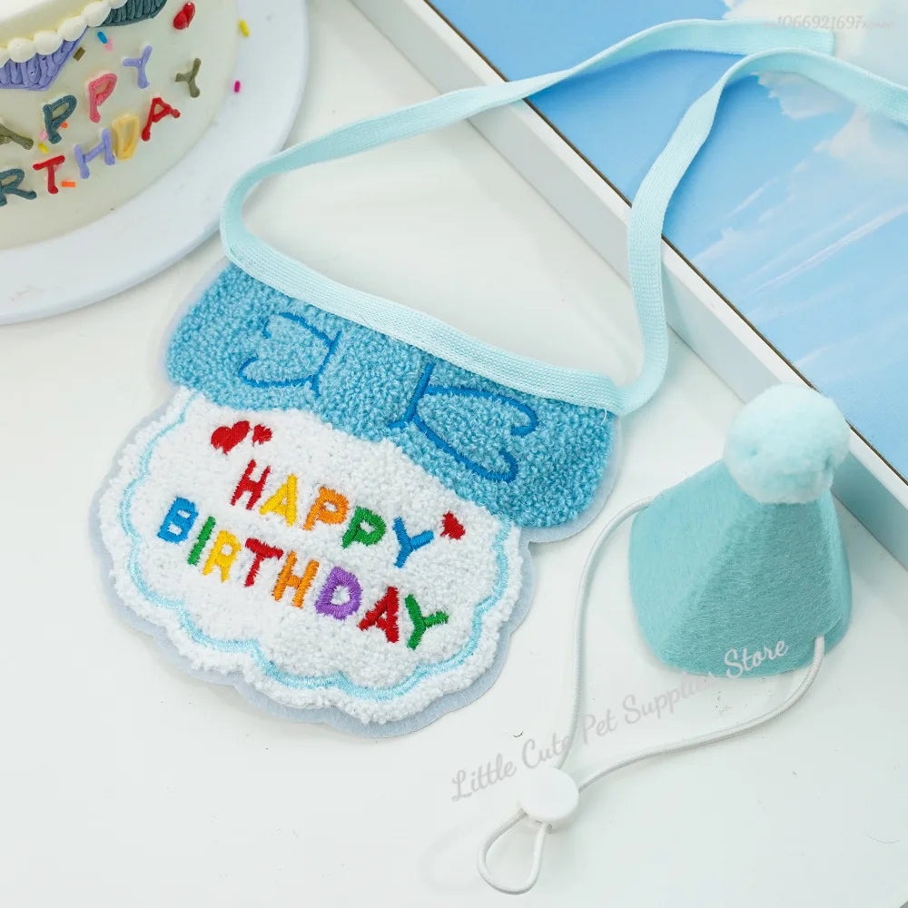GlamPet™ cat birthday party hat and bib with adjustable bandana, colorful design for cats and puppies celebrating a birthday.