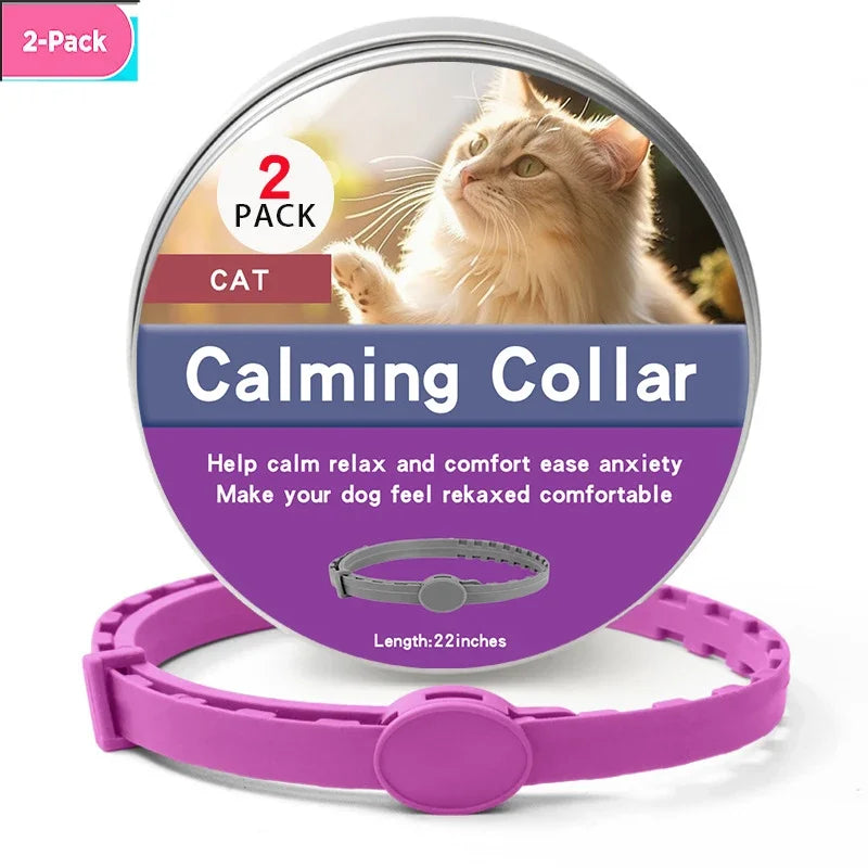 CalmPaws™ adjustable pet calming collar for dogs and cats, designed for anxiety relief and comfort, shown in a natural setting.