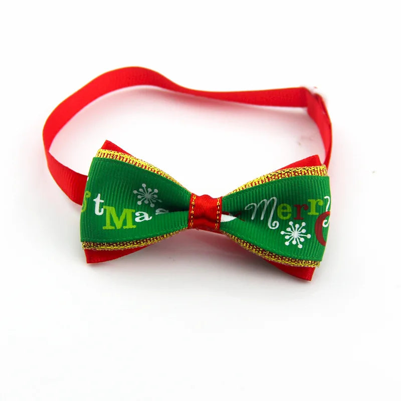 Adjustable Christmas bow tie collar for dogs and cats by Petivo, featuring festive red and green patterns.