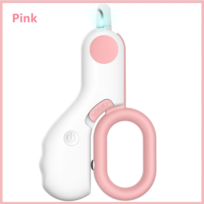 GlowTrim™ LED pet nail clipper with professional grooming scissors for dogs and cats, featuring a bright LED light.