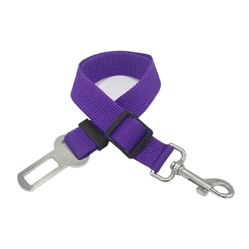 Purple adjustable pet seat belt with metal buckle and clip for dog car safety