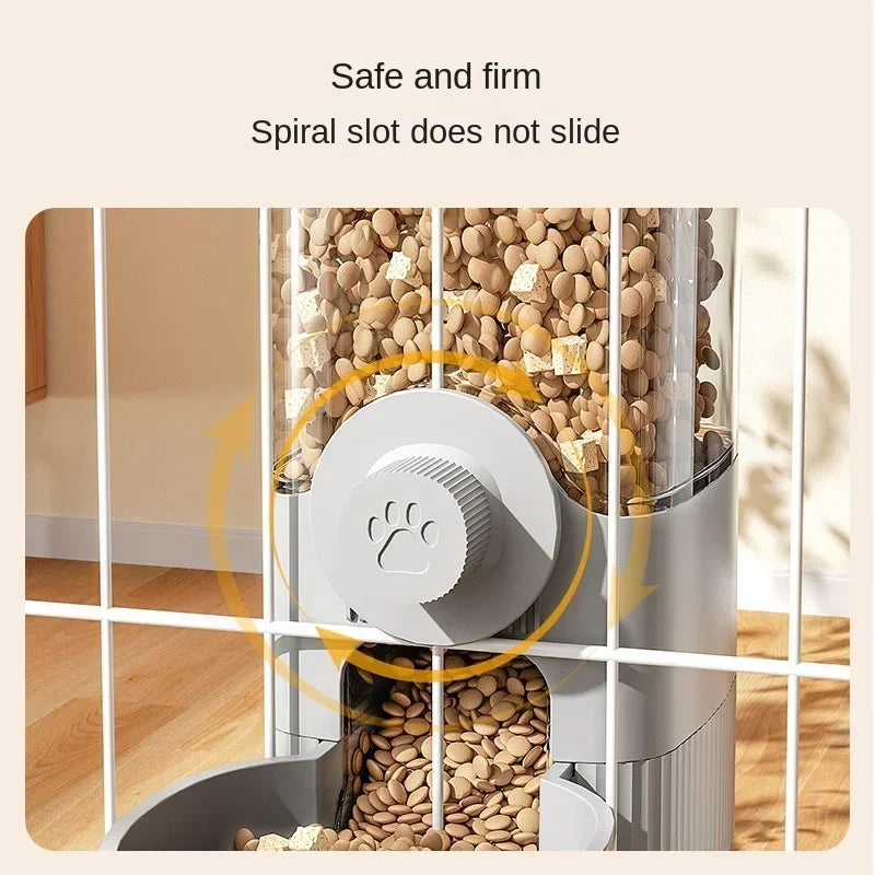 GravityFlow™ hanging cage feeder for dogs, cats, and rabbits, featuring a space-saving design and spill-proof dispenser.