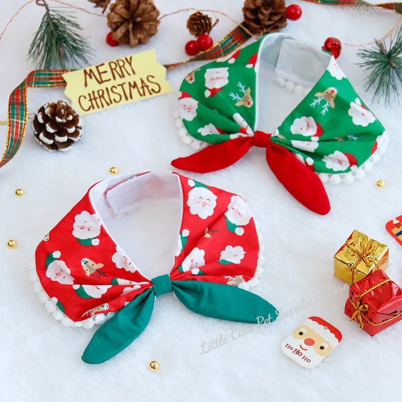 Jewelled Christmas dog collar with ribbon scarf pendant and bows for cats and puppies in satin by Petivo.