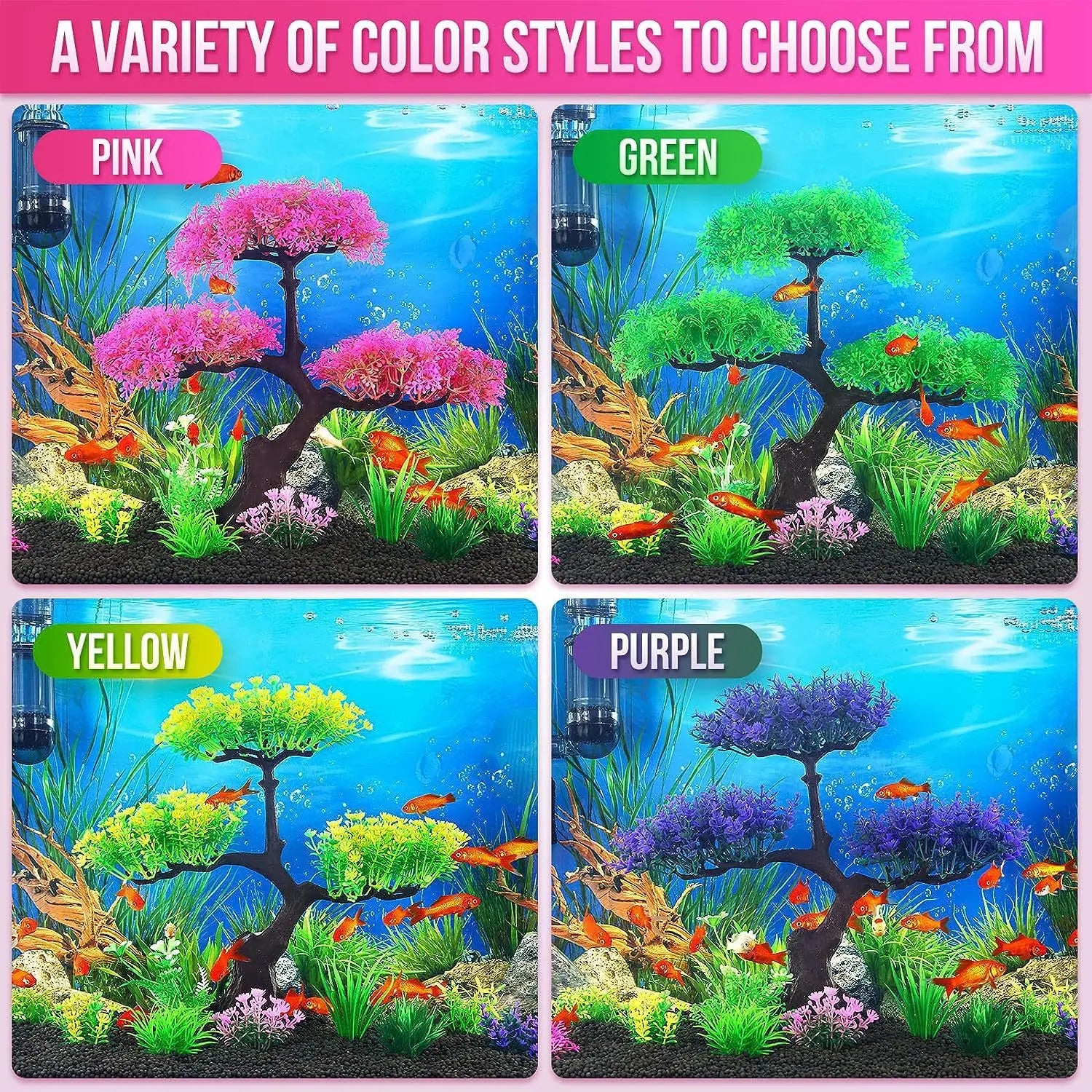 10-piece Petivo artificial aquarium plant set, featuring colorful, pet-safe decorations for goldfish tanks.
