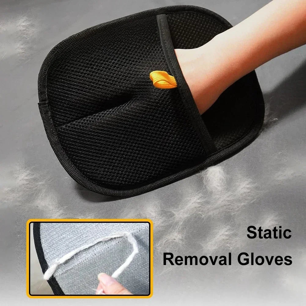 Black mesh pet hair removal glove in use, cleaning pet fur from a surface
