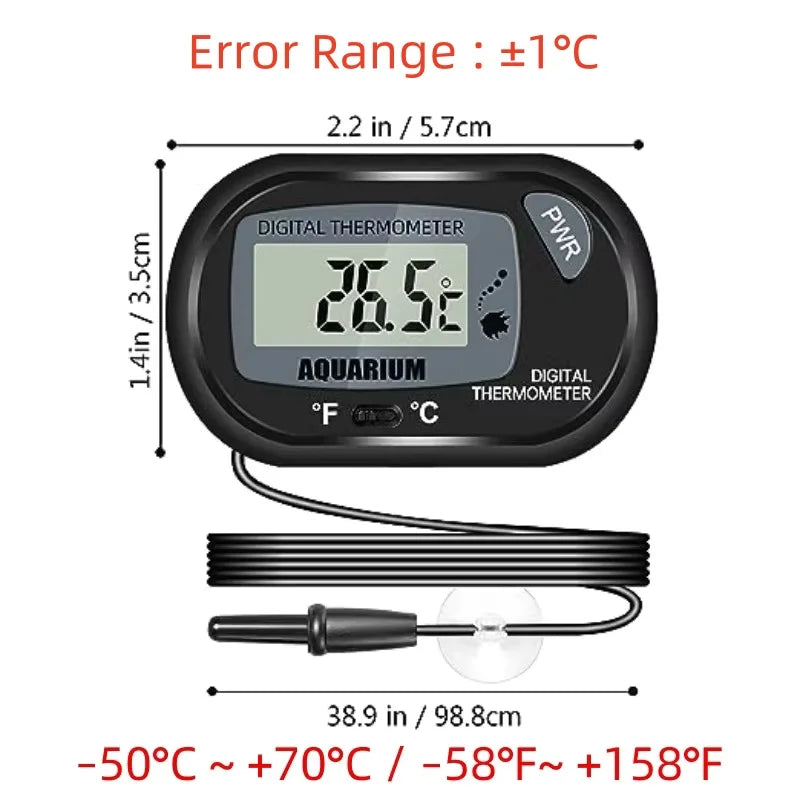 High-accuracy Aqua-Check Elite electronic water monitor with probe and suction cup for fish tank temperature measurement.