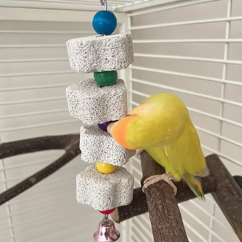VitaBlock™ calcium mineral grinding stone for birds, featuring a beak conditioner and playful bell for parakeets and cockatiels.