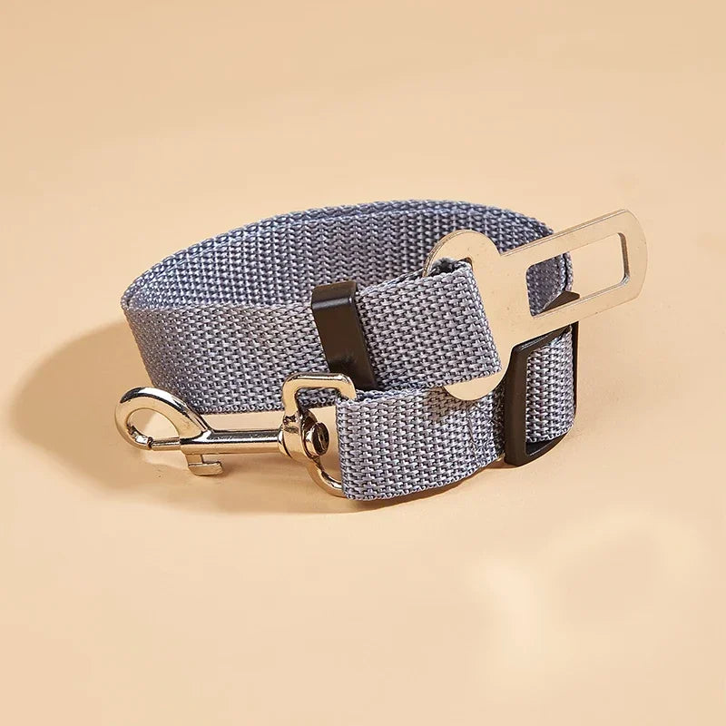 Gray adjustable pet seat belt leash with metal clip and buckle for car safety