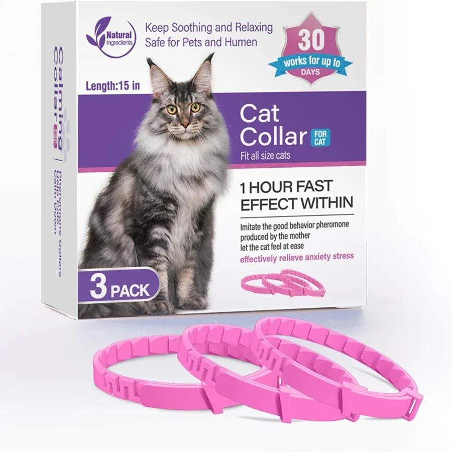 CalmPaws™ adjustable pet calming collar for dogs and cats, designed for anxiety relief and comfort, displayed on a neutral background.