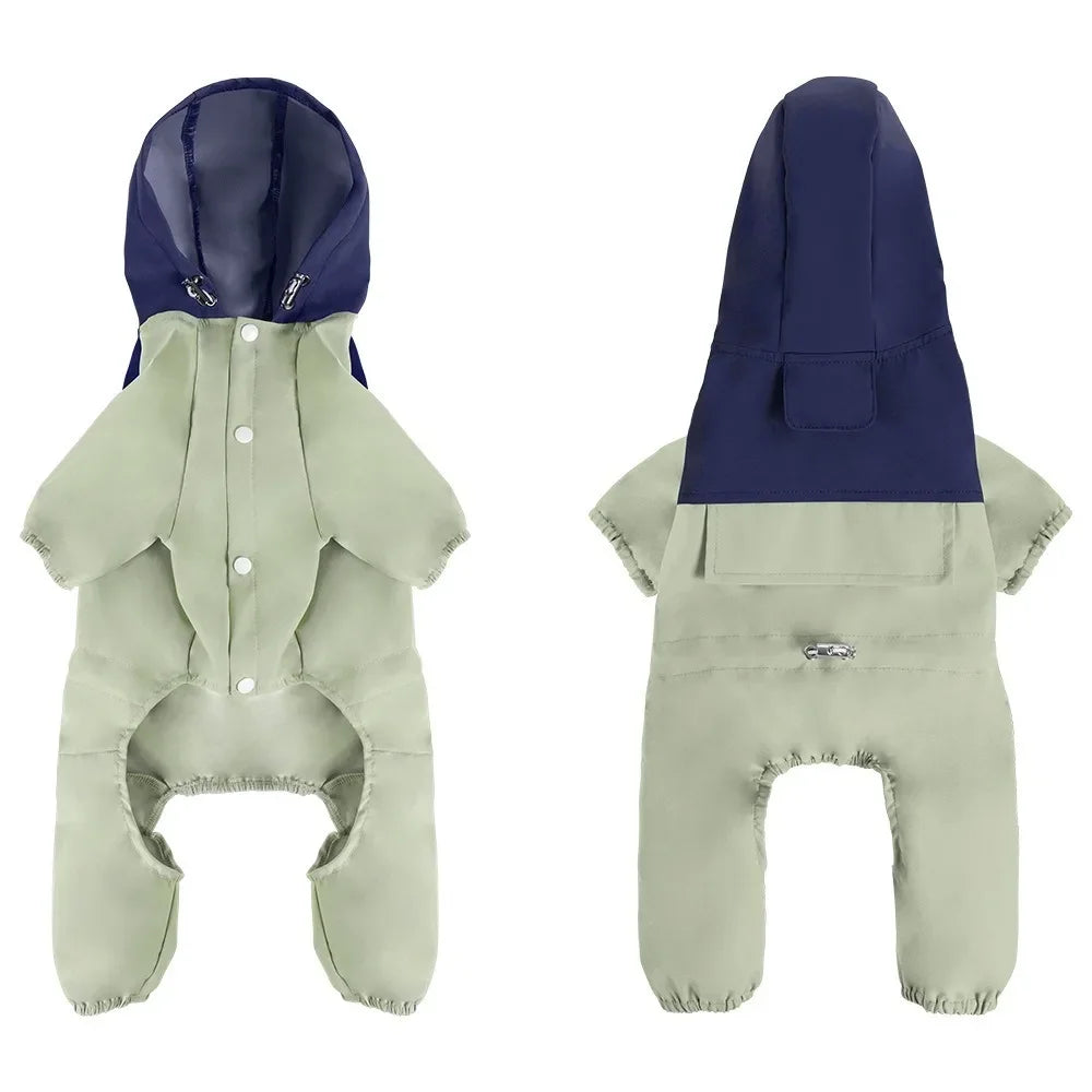 Green and navy hooded dog raincoat with snap buttons, shown front and back.