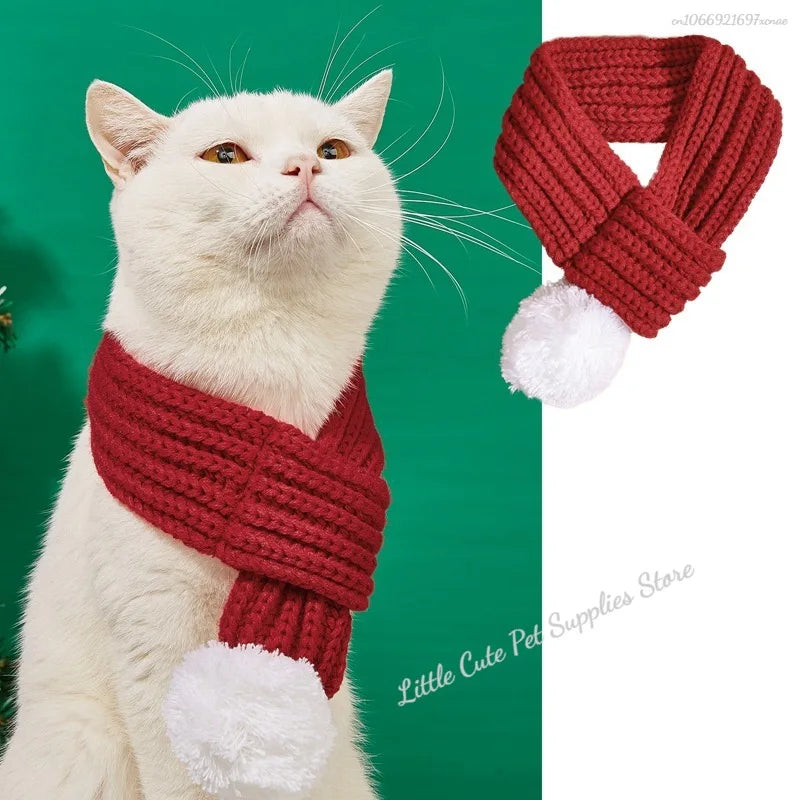 Red knitted scarf with pompom, designed as a cozy neck warmer for dogs and cats by Petivo.
