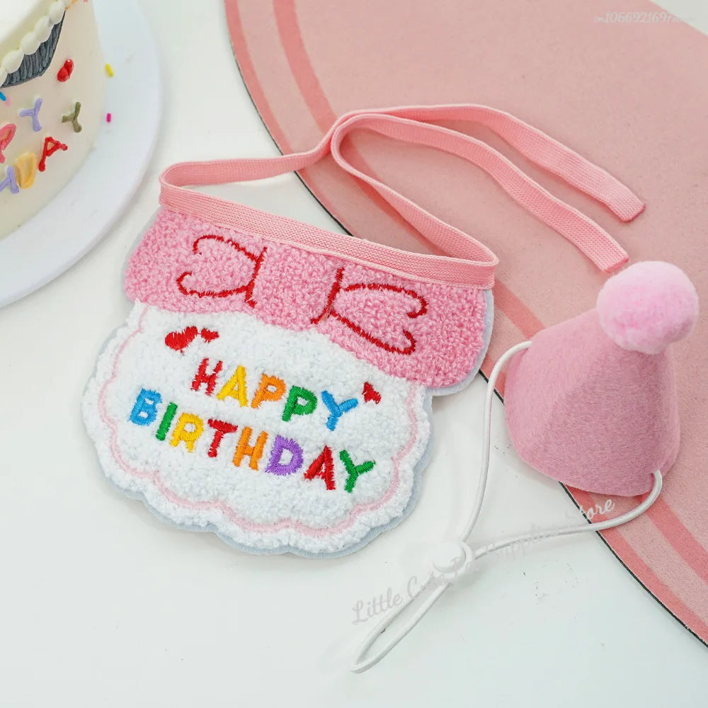 GlamPet™ cat birthday party hat and bib with adjustable bandana, featuring colorful design for festive pet dress-up.