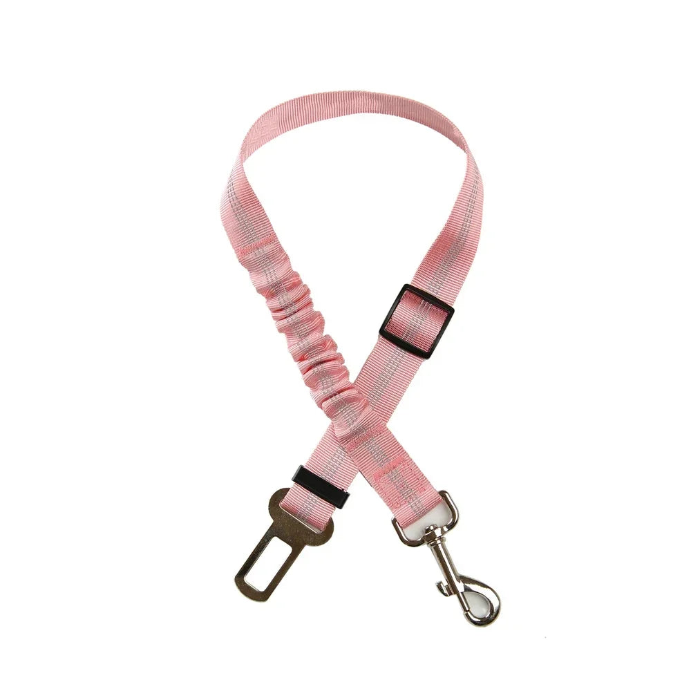 Adjustable SafePaws™ dog car seat belt in reflective elastic material, designed for safe travel with pets.