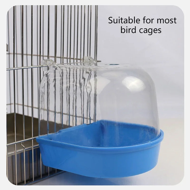 Transparent SkyShower™ Universal Bird Bath installed in a cage, providing a stress-free bathing space for birds.