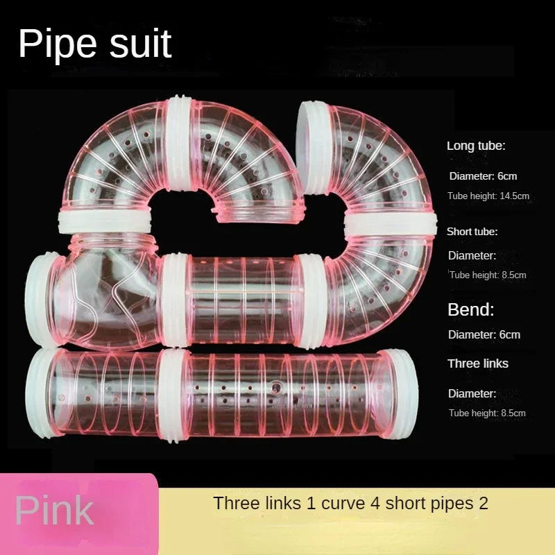 FluffyTrail DIY toy maze with external tubes and U-pipe for hamsters and chinchillas, featuring colorful tunnels and connectors.