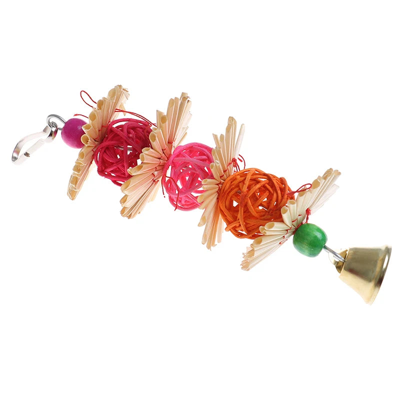 TinyTrail™ natural climbing and rest platform chew toy for parakeets in a colorful bird cage setting.