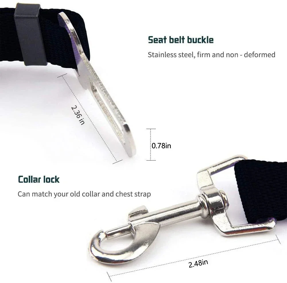 Stainless steel pet seat belt buckle and collar lock with size measurements, secure dog car accessory