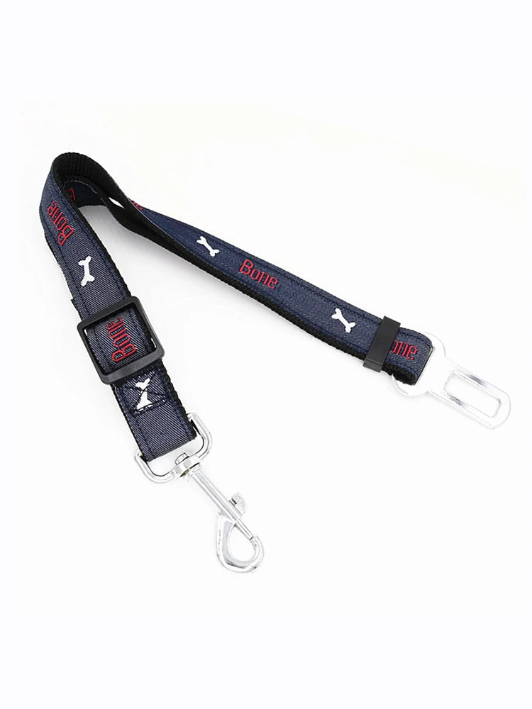 Adjustable denim dog car seat belt with metal buckle, suitable for all sizes of retractable pet safety harnesses.