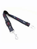 Adjustable denim dog car seat belt with metal buckle, suitable for all sizes of retractable pet safety harnesses.