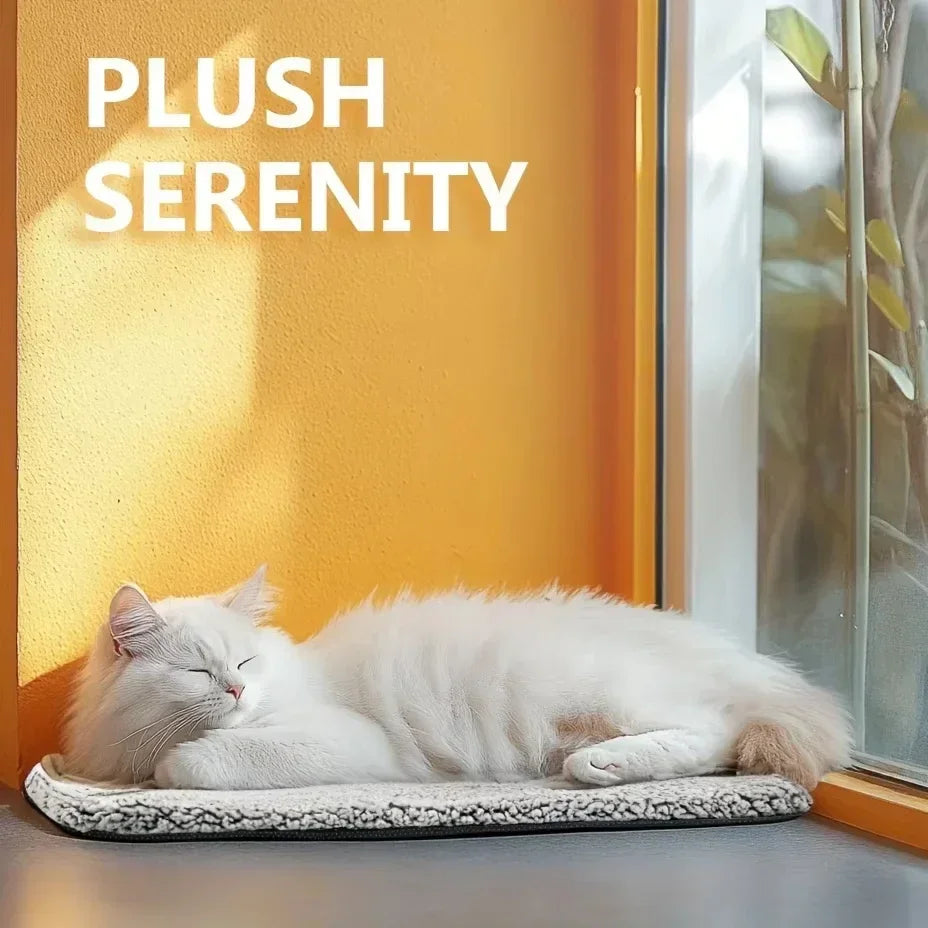 White fluffy cat sleeping on a plush mat by a sunlit window, cozy cat bed for comfort