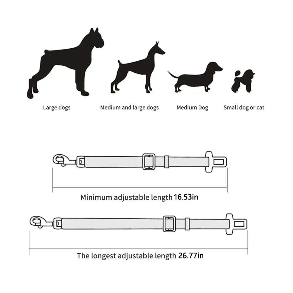 Adjustable pet seat belt for large, medium, and small dogs or cats, 16.53 to 26.77 inches long
