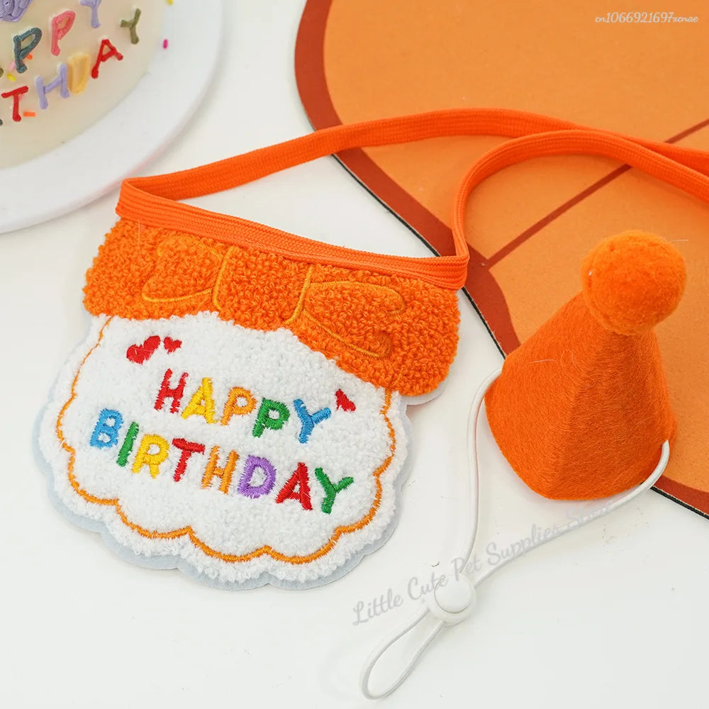 GlamPet™ cat birthday party hat and bib with adjustable bandana, colorful festive outfit for cats and puppies.