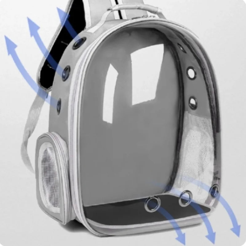 AeroVoyage transparent pet carrier backpack with ultra-ventilated design for hiking and travel, showcasing a pet inside.