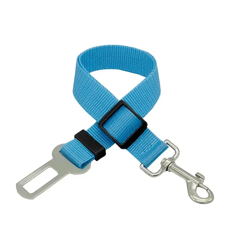 Adjustable blue pet seat belt with metal buckle and clip for dog car safety