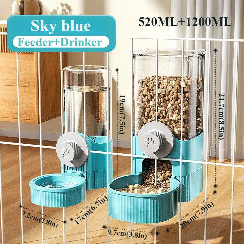 GravityFlow™ Hanging Cage Feeder in use, featuring automatic waterer and food bowl for dogs, cats, and rabbits.