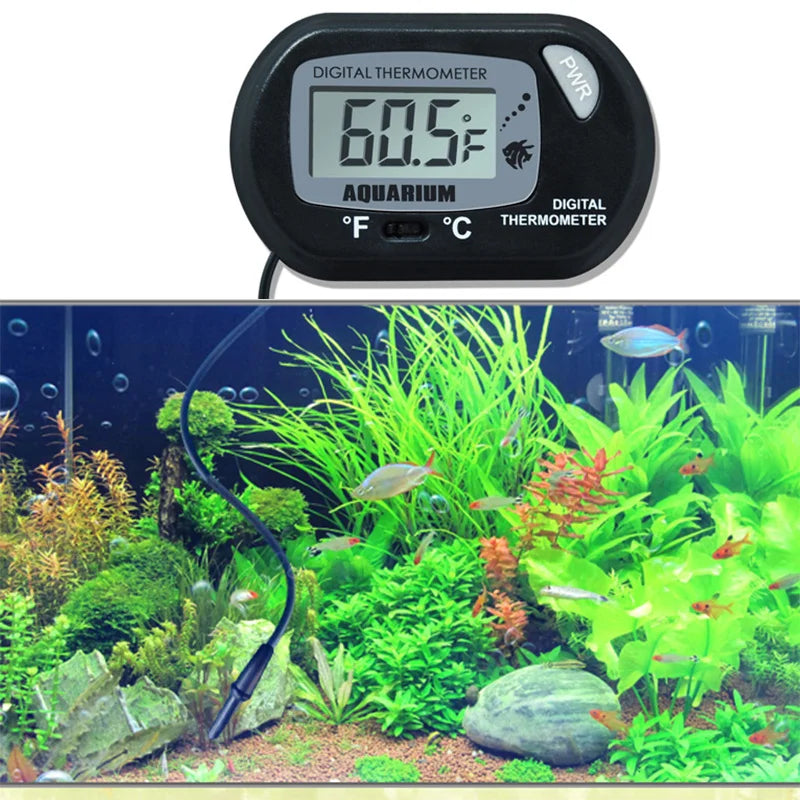 High-accuracy Aqua-Check Elite electronic water monitor with probe and suction cup for fish tank temperature measurement.